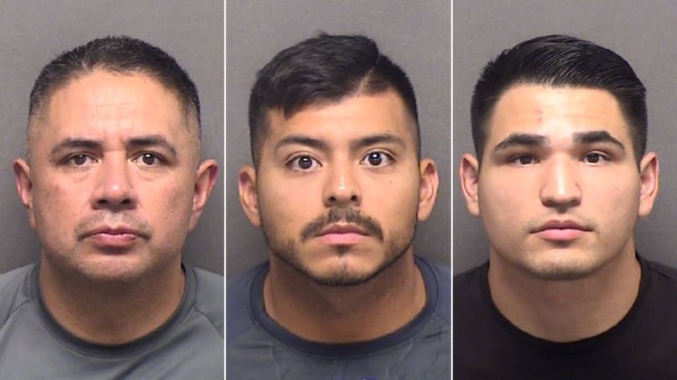 The booking images show (from left) Sgt. Alfred Flores, Officer Eleazar Alejandro and Officer Nathaniel Villalobos. - Bexar County Sheriff's Office