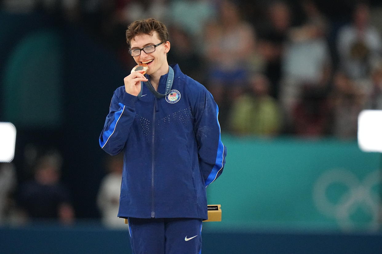 Gymnastics: 2024 Summer Olympics:  Team USA Stephen Nedoroscik in action, smiles with the Bronze medal following the Men's Pommel Horse final at Bercy Arena.
Paris, France 8/3/2024
CREDIT: Erick W. Rasco (Photo by Eric W. Rasco/Sports Illustrated via Getty Images) 
(Set Number: X164569 TK1)