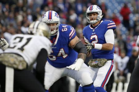 Nov 12, 2017; Orchard Park, NY, USA; Buffalo Bills quarterback Nathan Peterman (2) looks to throw a pass during the second half against the New Orleans Saints at New Era Field. Timothy T. Ludwig-USA TODAY Sports