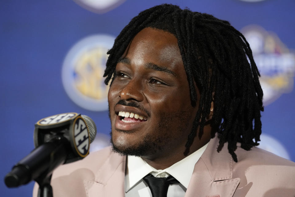 FILE - Alabama linebacker Dallas Turner responds to questions during NCAA college football Southeastern Conference Media Day on July 19, 2023, in Nashville, Tenn. Turner and actress/producer Issa Rae are part of a diverse group of investors joining founding Uber engineer Ryan McKillen and professional sailor Mike Buckley in buying the United States SailGP Team in tech titan Larry Ellison's global league. (AP Photo/George Walker IV, File)