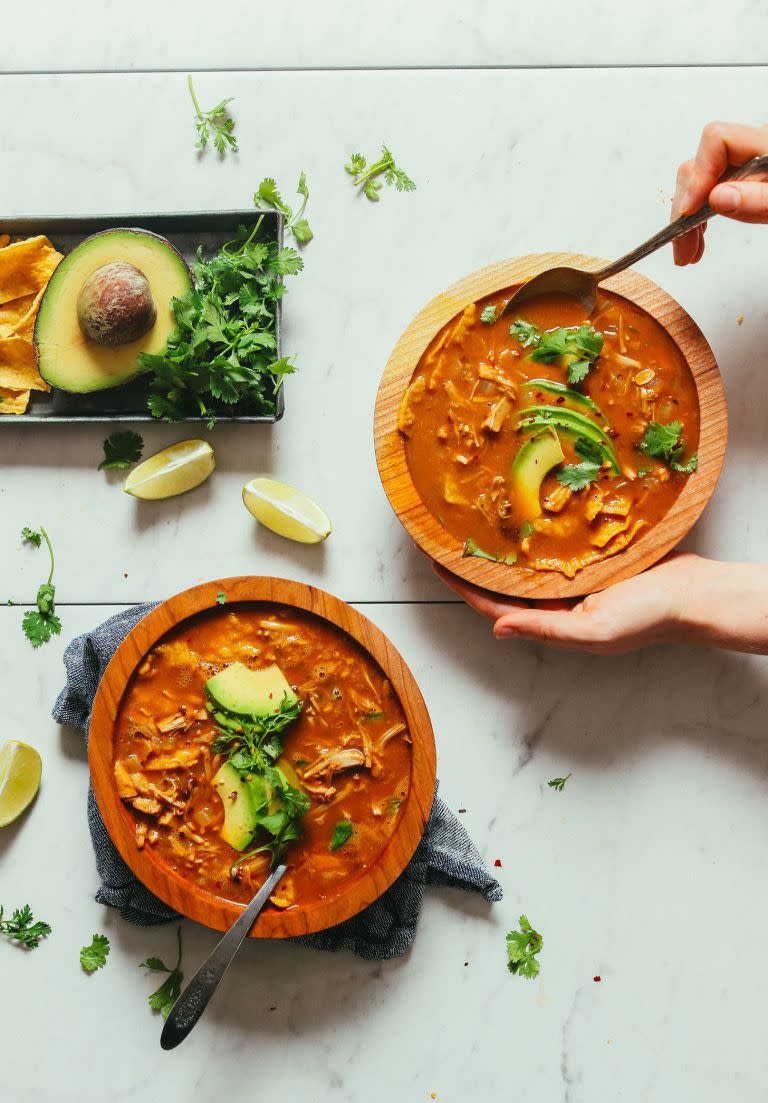 <p>Jackfruit, corn tortillas, and avocado equal a true vegan fiesta.</p><p><a class="link " href="https://minimalistbaker.com/1-pot-vegan-tortilla-soup/" rel="nofollow noopener" target="_blank" data-ylk="slk:GET THE RECIPE;elm:context_link;itc:0;sec:content-canvas">GET THE RECIPE</a></p><p><em>Per </em><em>serving</em><em>: 217 calories, 8 g fat (1 g saturated), 36 g carbs, 3 g sugar, 1,338 mg sodium, 3 g fiber, 3 g protein</em></p>