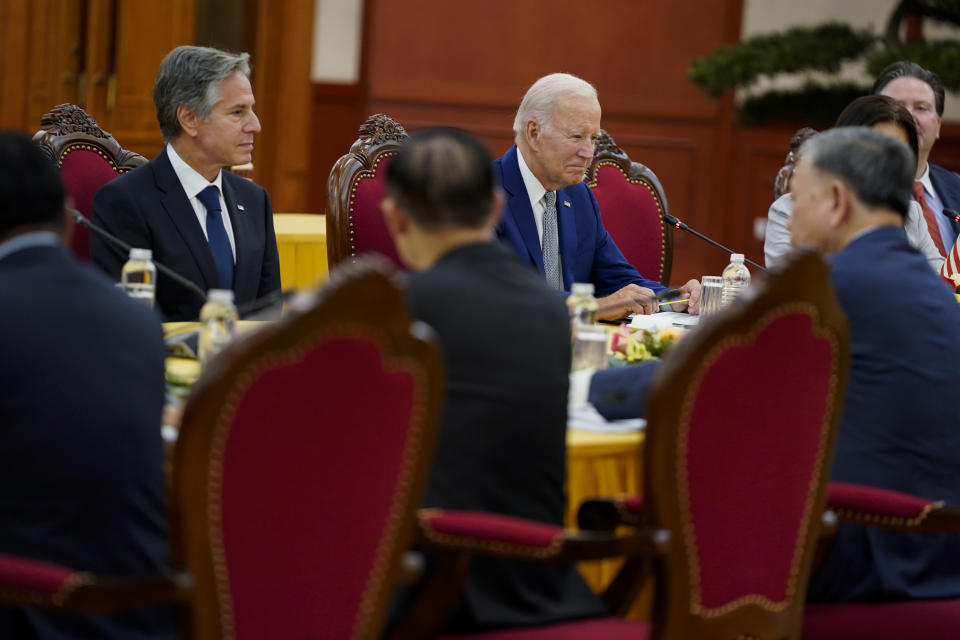 U.S. President Joe Biden participates in a meeting with Vietnam's General Secretary Nguyen Phu Trong at the Communist Party of Vietnam Headquarters, in Hanoi, Vietnam, Sunday, Sept. 10, 2023. (AP Photo/Evan Vucci)