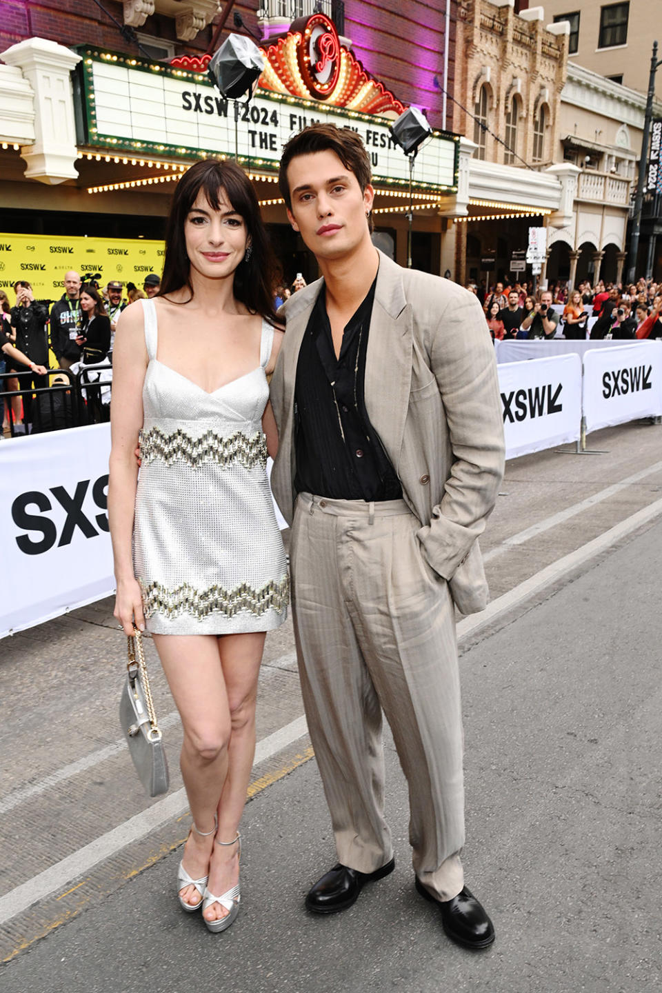 Anne Hathaway and Nicholas Galitzine attend The Idea Of You World Premiere during SXSW at The Paramount Theater on March 16, 2024 in Austin, Texas.