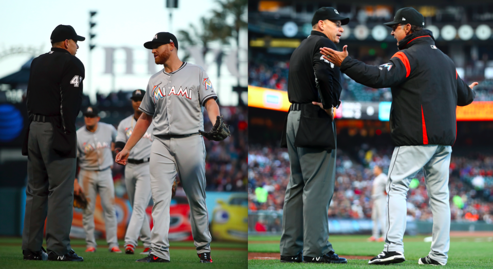 Dan Straily and Don Mattingly were suspended after a beanball war with the Giants. (Images via AP Photo)