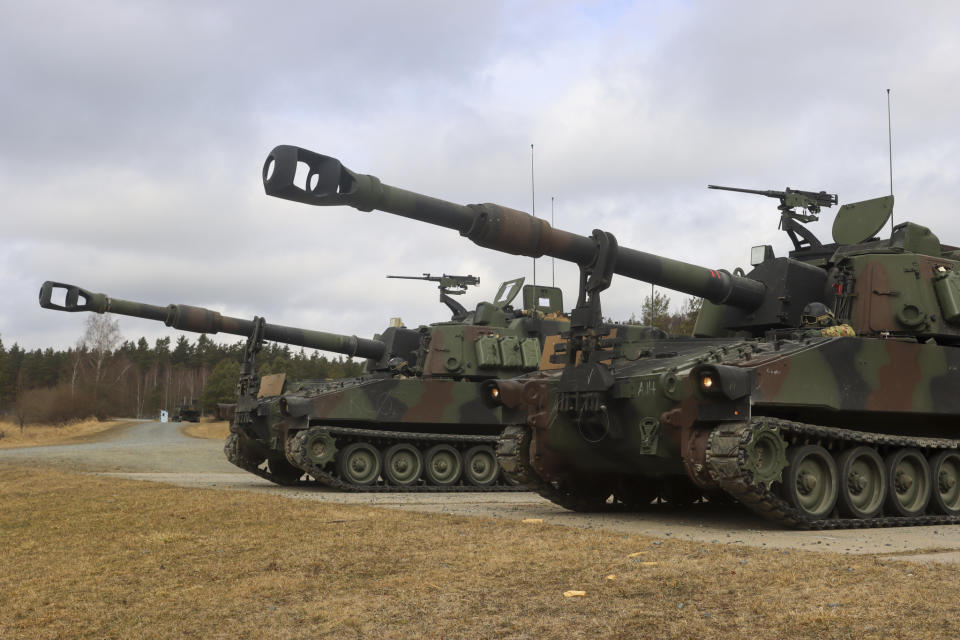 In this image provided by the U.S. Army, U.S. Soldiers from Battery A, 41st Field Artillery Regiment, 1st Armored Brigade Combat Team, 3rd Infantry Division, conduct live-fire exercises using the M109 Paladins at the Grafenwoehr Training Area, March 14, 2022. The first class of 635 Ukrainian fighters has finished a five-week advanced U.S. training course in Germany on sophisticated combat skills and armored vehicles, including M109 Paladins, that will be critical in the coming spring offensive against the Russians, the Pentagon said Friday, Feb. 17, 2023. (Capt. Patrick M. Connelly/U.S. Army via AP)