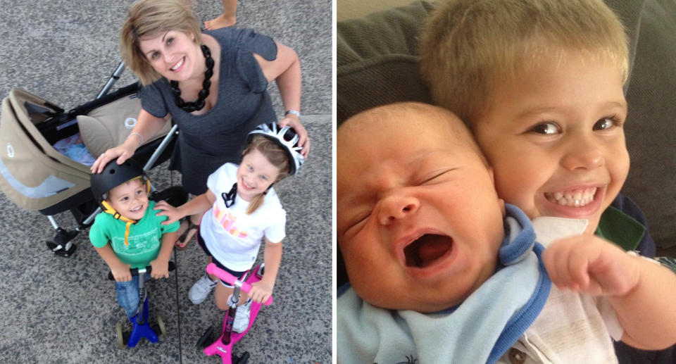 Michelle with Tom and Sophie McLaughlin on scooters (left) Tom holding his baby brother Hugh (right).