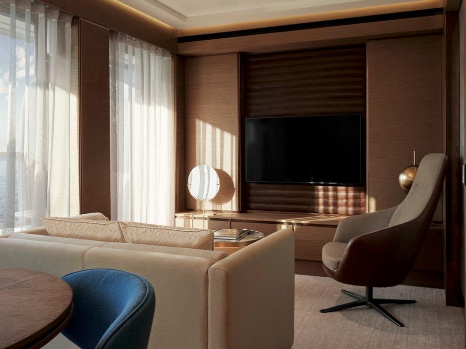 A room aboard the Ritz-Carlton Yacht Collection's Evrima