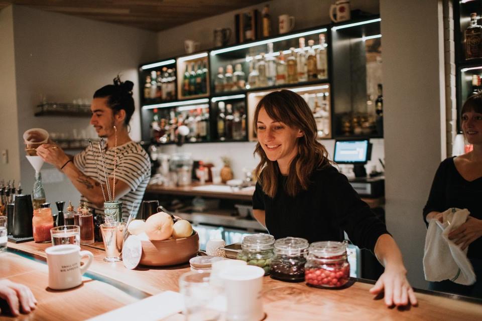 Magnus on Water opened January 2020 in Biddeford by Carmen Harris, Julia Russell, Brian Catapang, left, and Brittany Saliwanchik, right. The four aim to create community through cocktails, wine and food from across the world, according to Saliwanchik.