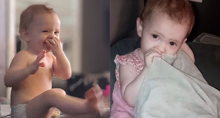 split screen of Two-year-old Nevaeh Muley passed away suddenly of a Strep A bacterial infection on March 4, 2023 in hamilton, ontario (photos via Muley & Johnson family).