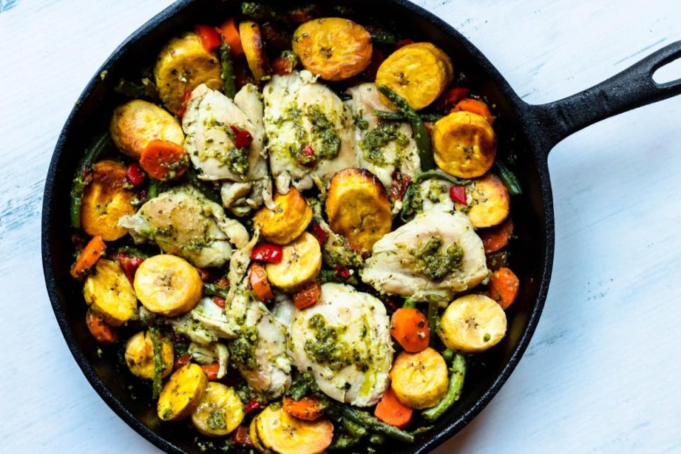 <p>The Foreign Fork</p><p>This Thanksgiving, consider the chicken thigh. Here, the protein is cooked in a cast iron skillet alongside vegetables like bell peppers, green beans, and plantains and then coated in a luscious parsley sauce. </p><p><strong>Get the Recipe: <a href="https://foreignfork.com/cast-iron-skillet-chicken-thighs/" rel="nofollow noopener" target="_blank" data-ylk="slk:Cast Iron Skillet Chicken Thighs Recipe;elm:context_link;itc:0;sec:content-canvas" class="link ">Cast Iron Skillet Chicken Thighs Recipe</a></strong></p>