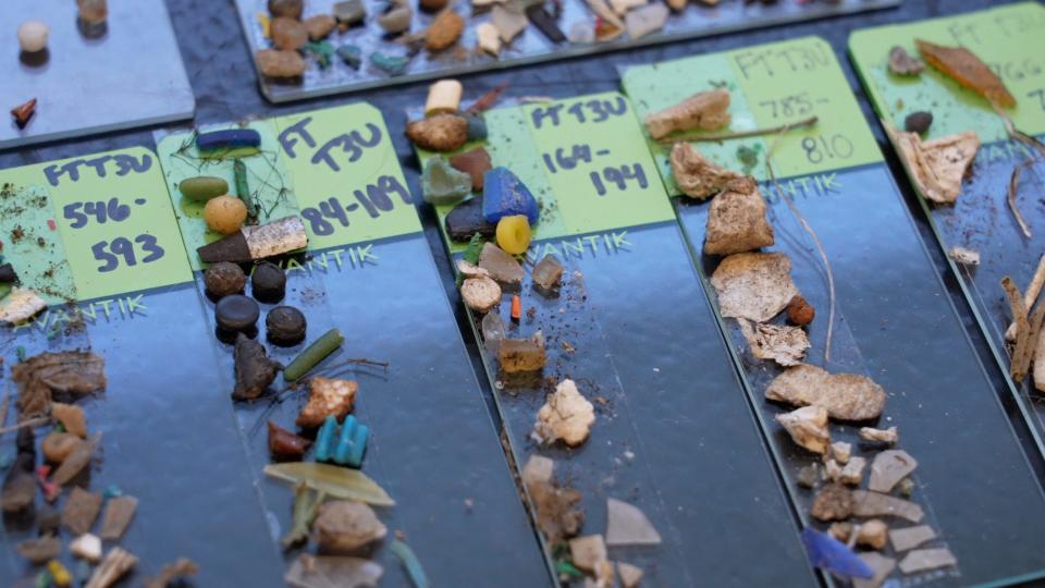 Displayed on table are findings from sifting through one liter of sediment at shore of  Bullocks Point Park in Providence. This does not include the smaller micro plastics seen only through a microscope.