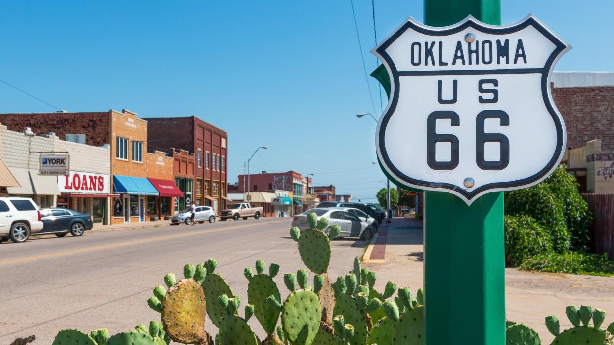 US Route 66, Oklahoma - July 7, 2014: Oklahoma Route 66 Sign along the historic Route 66 in the State of Oklahoma, USA.