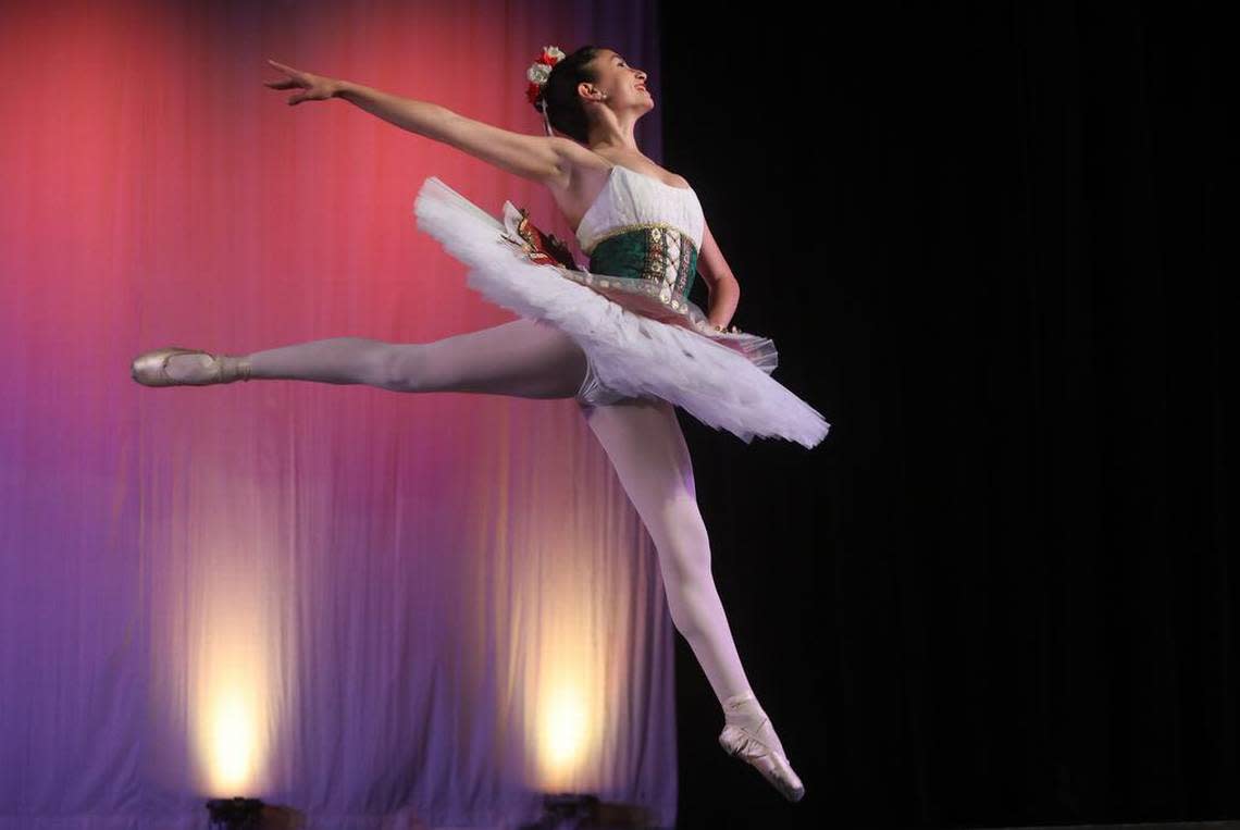 Valeria Suárez performs ‘Jarabe Tapatío’ from Jalisco at the Central East Danzantes de Tláloc 25th anniversary show at the Performing Arts Center on May 26, 2023.