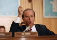 FILE - In this July 23, 1986 file photo Sen. Joe Biden, D-Del., tells the Senate Foreign Relations Committee and Secretary of State George Shultz that U.S. policy toward South Africa amounted to a shameful lack of backbone on Capitol Hill in Washington. Biden, in a sharp exchange with Shultz, said "blacks have tried everything available to them in the last 20 years," and nothing has worked. (AP Photo/J. Scott Applewhite, File)