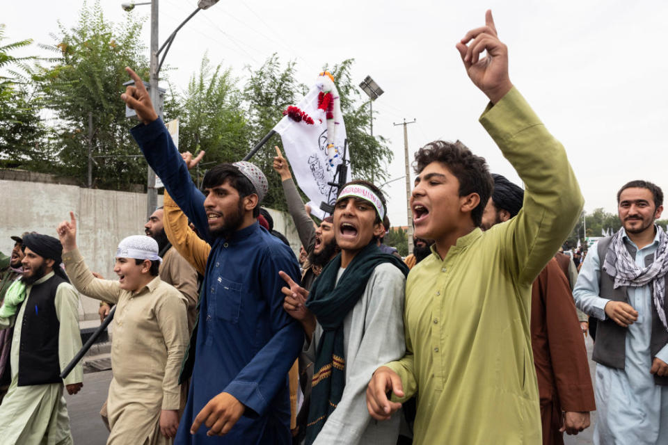 Taliban take to the streets during a national holiday celebrating the first anniversary of the Taliban takeover on August 15, 2022 in Kabul, Afghanistan.<span class="copyright">Paula Bronstein/Getty Images</span>