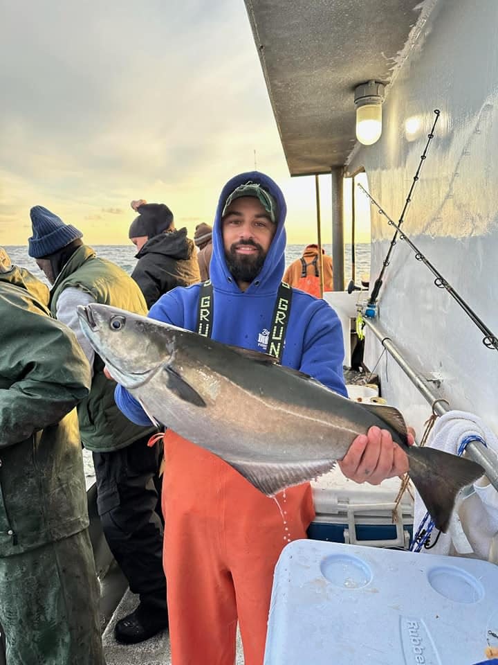 Young Woby, from Bergen County, with a 12-pound pollock he landed on an offshore trip aboard the Big Jamaica.