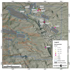 Copper values in surface rock sampling compilation.  Rock samples showing copper distribution at Madison Project. Samples greater than 1% Cu are labelled.