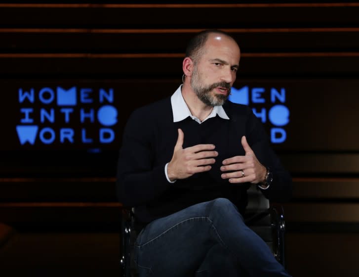 Chief Executive Officer of Uber Dara Khosrowshahi speaks at the ninth annual Women in the World Summit Thursday, April 12, 2018, in New York. (AP Photo/Frank Franklin II)