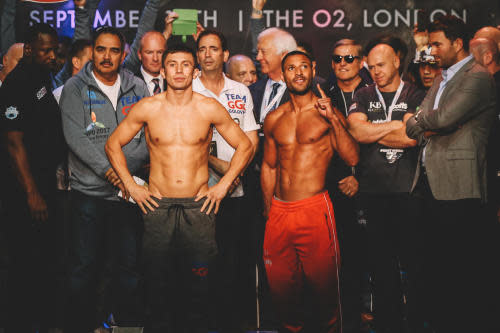 Kell Brook and Gennady Golovkin during the Matchroom weigh in