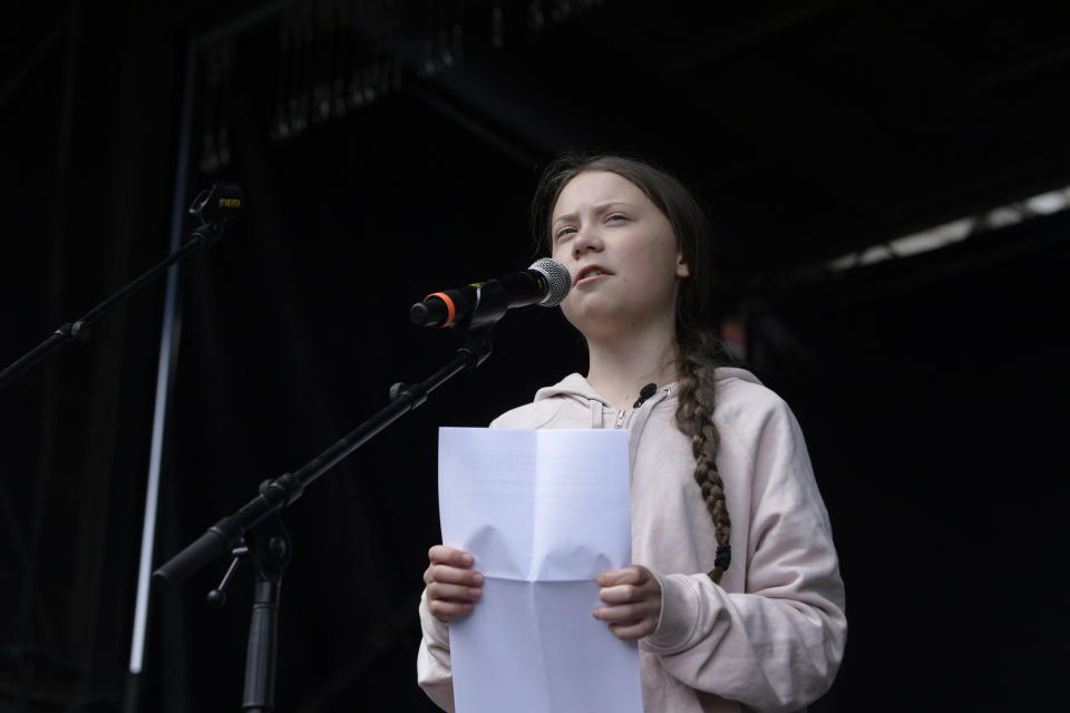 Swedish climate activist Greta Thunberg speaks prior to the People's Climate March, in front of Christiansborg Palace, in Copenhagen, Saturday, May 25, 2019. (Claus Bech/ Scanpix 2019 via AP)