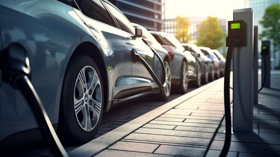 A lithium battery recharging a fleet of electric vehicles in a parking lot.