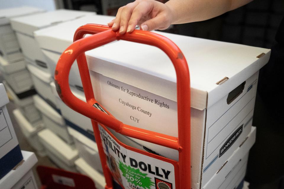 Jul 5, 2023; Columbus, OH, USA;  Boxes of signatures for the reproductive freedom ballot initiative at the loading dock of the office of the Secretary of State office in Downtown Columbus.