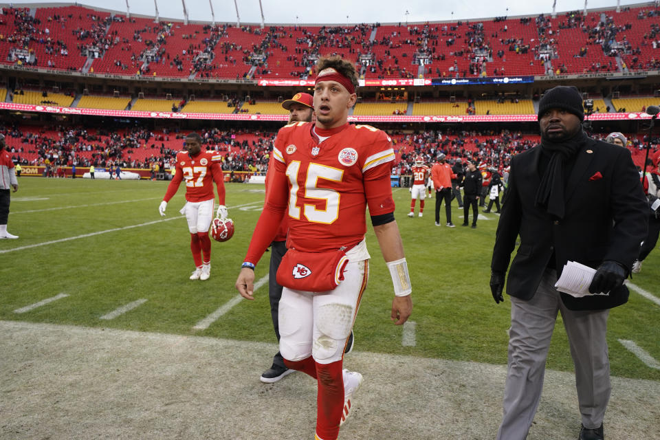 Kansas City Chiefs quarterback Patrick Mahomes heads off the field following an NFL football game against the Las Vegas Raiders Monday, Dec. 25, 2023, in Kansas City, Mo. The Raiders won 20-14. (AP Photo/Ed Zurga)