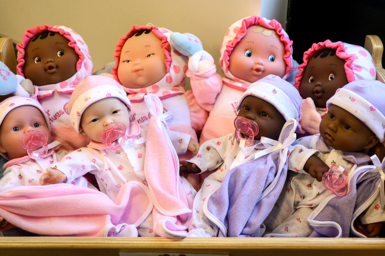  Dolls sit in a crib at LaPetite Academy, an on-site child care center for airport and airline employees at Pittsburgh International Airport, on July 25, 2023 in Moon Township, Pa. (Justin Merriman for NBC News)