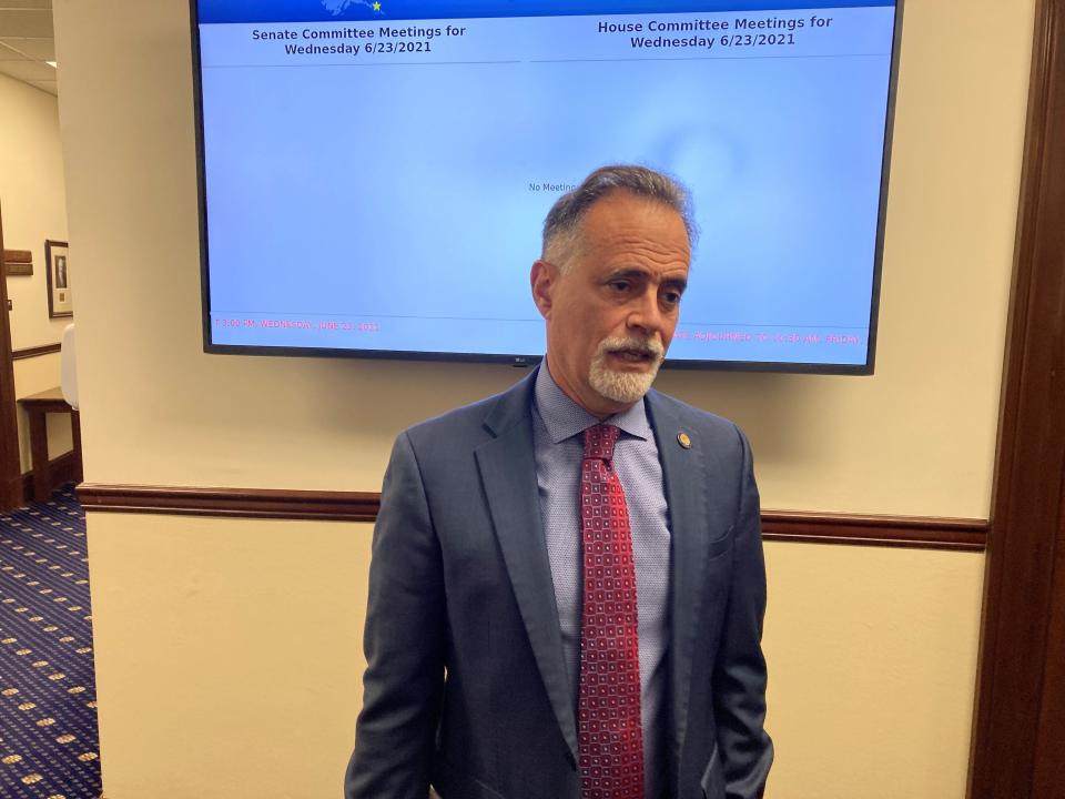 Alaska Senate President Peter Micciche speaks to reporters after a Senate floor session on the opening day of the second special legislative session on Wednesday, June 23, 2021, in Juneau, Alaska. Gov. Mike Dunleavy called the special session to address the budget. (AP Photo/Becky Bohrer)