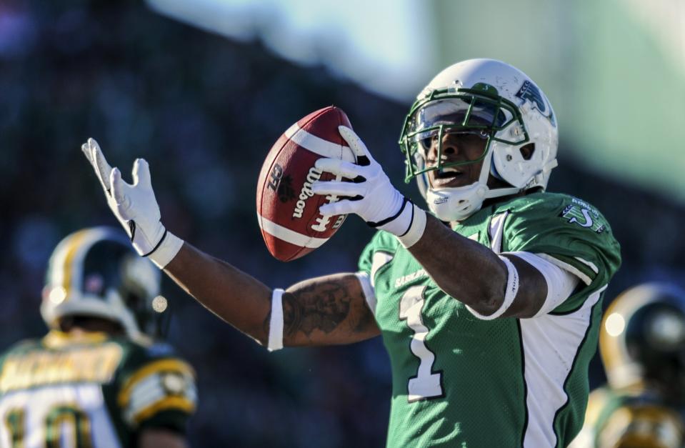 Saskatchewan Roughriders Sheets celebrates during CFL game against the Edmonton Eskimos in Regina