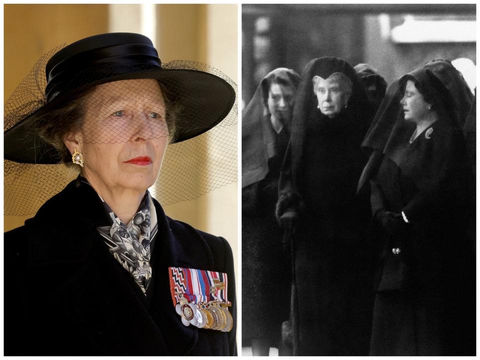 Princess Anne at Prince Philip’s funeral (left), and Princess Elizabth, Queen Mary, and the Queen Mother at the funeral of King George VI in 1952 (right) (Getty/PA)