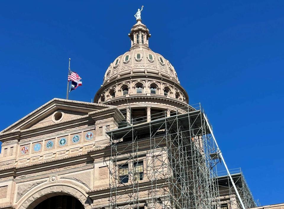 Scaffolding stands outside the Capitol during work in the building's roof. The end of 2024 is the current target date for completing the work, Roderick Welsh, executive director of the State Preservation Board, told the Senate Finance Committee on Friday.