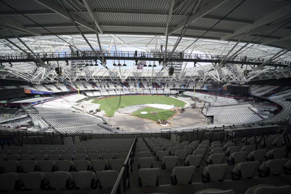 A general view of the London Stadium, home of West Ham United, as the pitch is transformed into a baseball field, Thursday, June 15, 2023. The baseball field being installed at London Stadium will be slightly bigger than the one in 2019. The St. Louis Cardinals and Chicago Cubs will play two games at the home of Premier League club West Ham next weekend. (Lucy North/PA via AP)