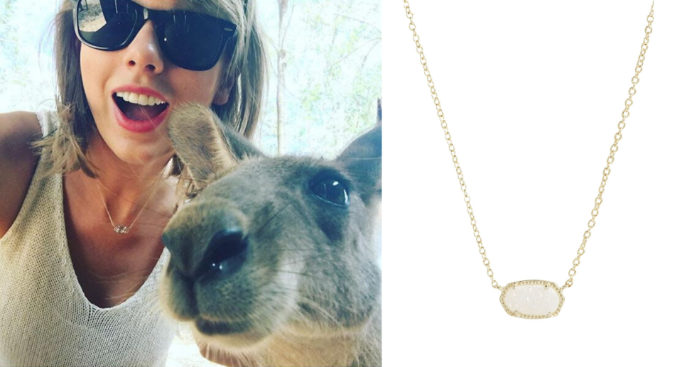 Taylor Swift seen wearing the Kendra Scott Elisa Pendant Necklace. Images courtesy of Instagram/TaylorSwift, Nordstrom.