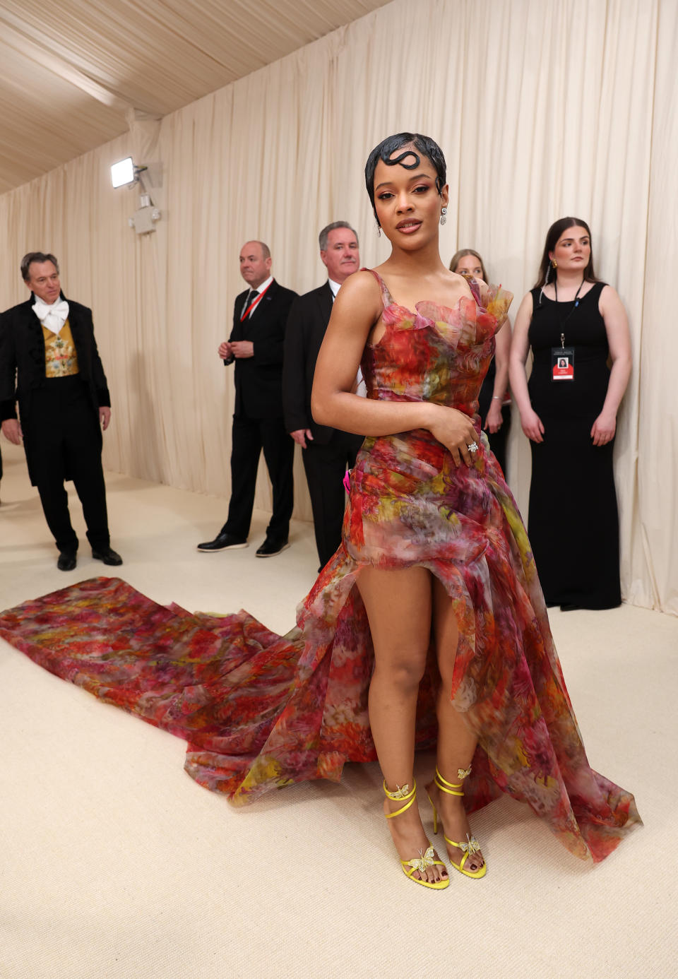 Maleah Joi Moon attends The 2024 Met Gala Celebrating "Sleeping Beauties: Reawakening Fashion" in the Butterfly Yellow Sandals from Rene Caovilla