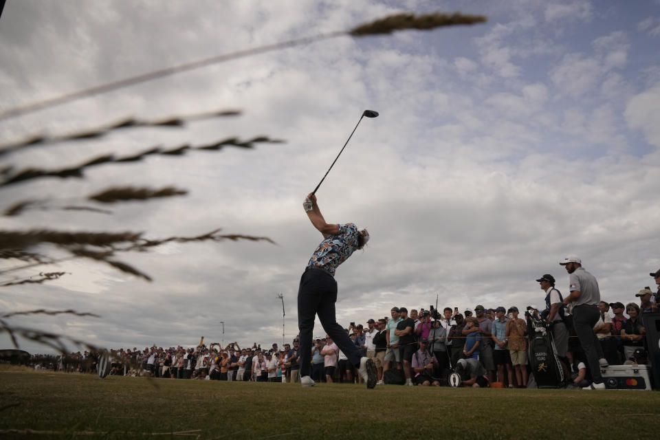 Cameron Smith, of Australia, plays from the 5th tee during the third round of the British Open golf championship on the Old Course at St. Andrews, Scotland, Saturday July 16, 2022. (AP Photo/Gerald Herbert)