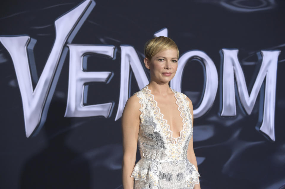 Michelle Williams arrives at the world premiere of "Venom" on Monday, Oct. 1, 2018, at the Regency Village Theater in Los Angeles. (Photo by Richard Shotwell/Invision/AP)