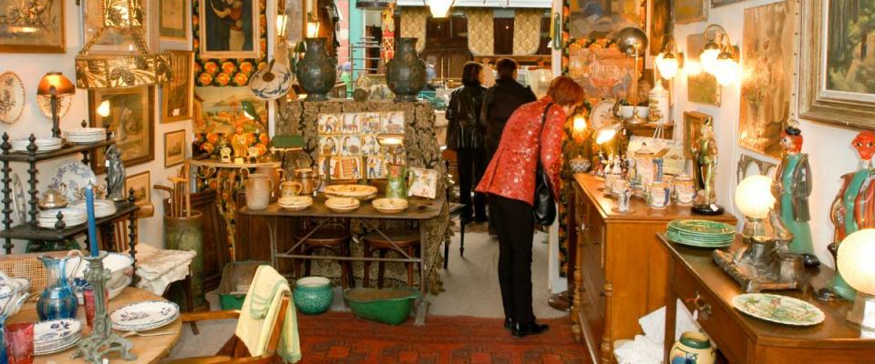 The interior of an antique shop.