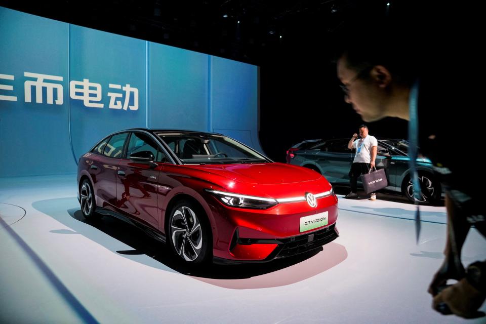 The red Volkswagen ID.7 electric car at the Shanghai auto show.