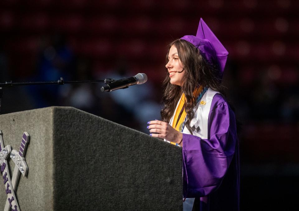 Tenoroc High School Valedictorian Briley Elise Nestor gives her address during the 2022 Tenoroc High School graduation ceremony at the RP Funding Center in Lakeland Fl. Thursday May 19,  2022.  ERNST PETERS/ THE LEDGER