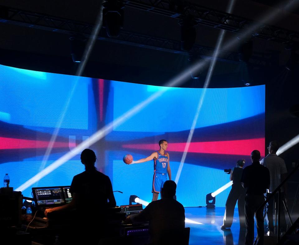 Aleksej Pokusevski (17) works with video set at Thunder Media Day, held in the Oklahoma City Convention Center on Monday, Oct. 2, 2023.