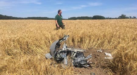 A forest official stands next to debris after two Eurofighter warplanes crashed after a mid-air collision near the village of Jabel in northeastern Germany