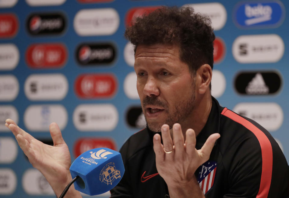 Atletico Madrid's head coach Diego Simone speaks during a press conference at King Abdullah stadium, in Jiddah, Saudi Arabia, Saturday, Jan. 11, 2020, ahead of the Spanish Super Cup Final soccer match between Real Madrid and Atletico Madrid on Sunday. (AP Photo/Hassan Ammar)