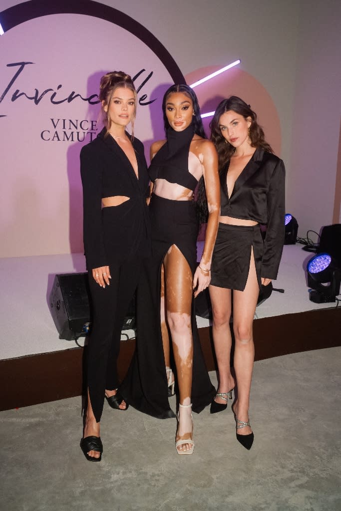 Nina Agdal, Winnie Harlow and Rainey Qualley attend Vince Camuto’s Invincible pop-up event in New York City on April 8, 2022. - Credit: Mike Vitelli/BFA.com/Courtesy of Vince Camuto