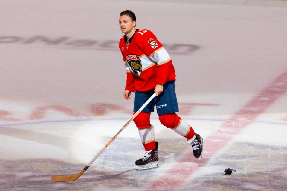 Florida Panthers center Sam Reinhart (13) is named a star of the game after his team defeated the New York Rangers 4-3 during an NHL game at Amerant Bank Arena in Sunrise, Florida, on Friday, December 29, 2023.