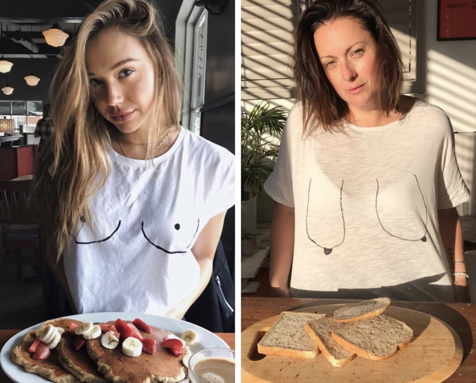 <p>Expectation vs Reality of our boobs at breakfast. <em>[Photo: Celeste Barber/ Instagram]</em> </p>