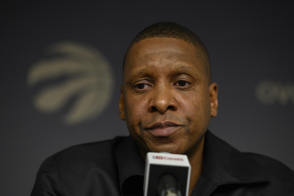 Toronto Raptors president Masai Ujuri speaks about the firing of head coach Nick Nurse during a news conference in Toronto, Friday, April 21, 2023. (Christopher Katsarov/The Canadian Press via AP)