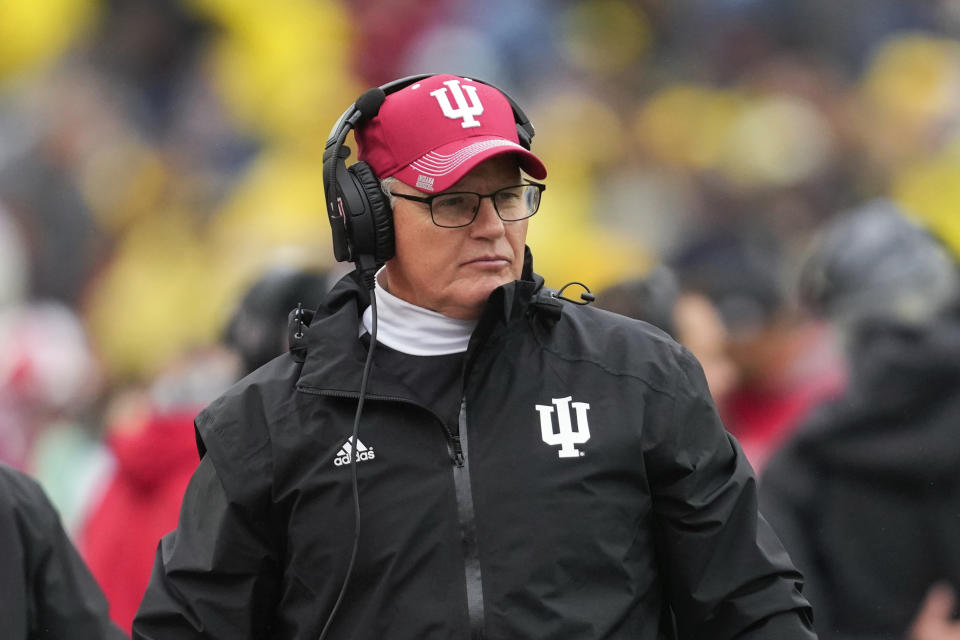 Indiana head coach Tom Allen watches against Michigan in the first half of an NCAA college football game in Ann Arbor, Mich., Saturday, Oct. 14, 2023. (AP Photo/Paul Sancya)