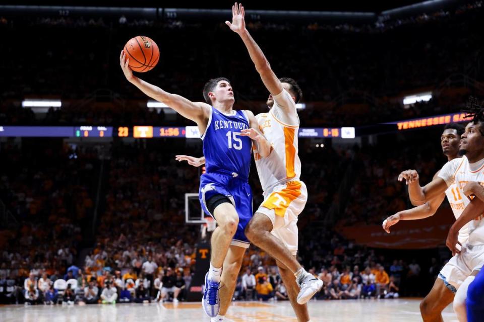 Former Kentucky guard Reed Sheppard (15) is being projected as a top-five pick in most 2024 NBA mock drafts.