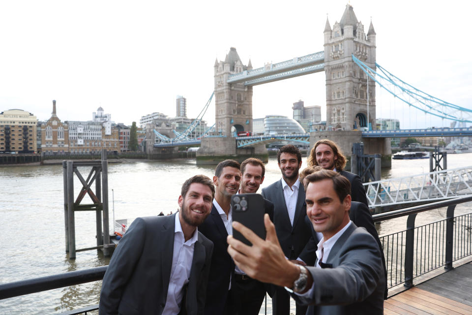 Roger Federer, pictured here taking a selfie with Cameron Norrie, Novak Djokovic, Andy Murray, Matteo Berrettini and Stefanos Tsitsipas at the Laver Cup.